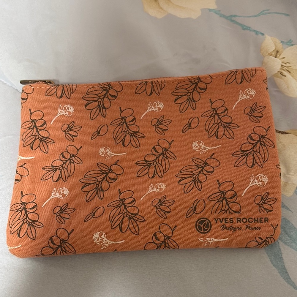 Yves Rocher Orange Cosmetic Bag with Olive Pattern